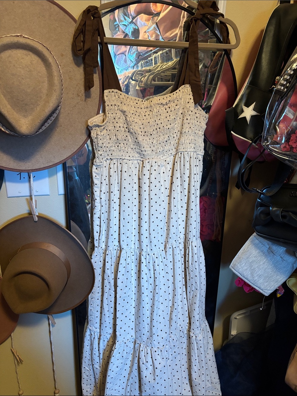 Smocked Polka Dot Maxi Dress with Brown Tie Straps - White/Black